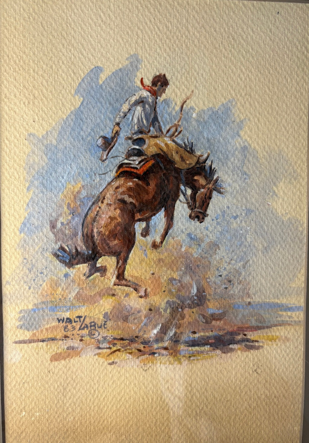 Painting of a cowboy riding a bucking bronco on a textured beige background